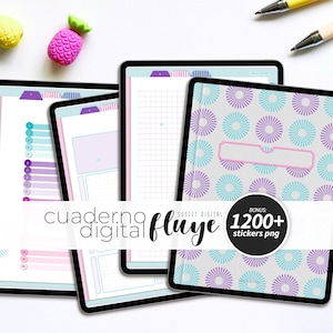 May include: Three digital tablet screens displaying planner pages with purple and blue tabs, grid layouts, and a cover featuring a repeating circular pattern in purple and blue. Text reads: cuaderno digital fluye and BONUS: 1200+ stickers png.