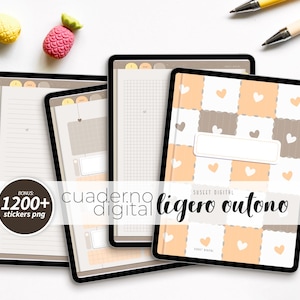 Puede incluir: Planificador digital con un patrón de cuadros marrón claro y melocotón con corazones blancos. El texto "cuaderno digital ligero otoño" está en la portada. El planificador incluye más de 1200 pegatinas.