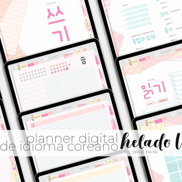 Language planner KOREAN-SPANISH [portrait] | digital planner for korean learning | grammar, reading, writing, notes, vocabulary + stickers