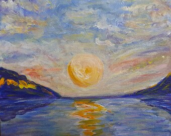 Meereslandschaft, Sonnenuntergang am Meer. Acrylbild auf Leinwand, 20 cm x 20 cm, Canvas 10'' x 10''