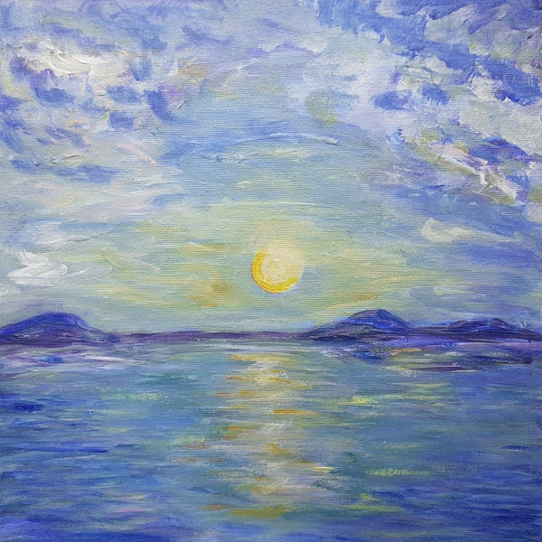 Meereslandschaft, Sonnenuntergang am Meer. Acrylbild auf Leinwand, 25 cm x 25 cm, 10'' x 10''