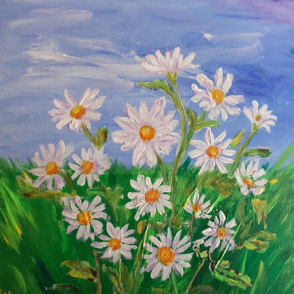 Gaensebluemchen, Daisy, Flowers, Flowerspainting. Acrylbild auf Vorgespannte Quadratische Kleine Leinwand  20cmx20cm / 8 inchx8 inh