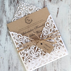 Rustikale Boho Hochzeitseinladungen, Event Einladungen, Laser cut Einladung, schöne Einladung mit Spitze