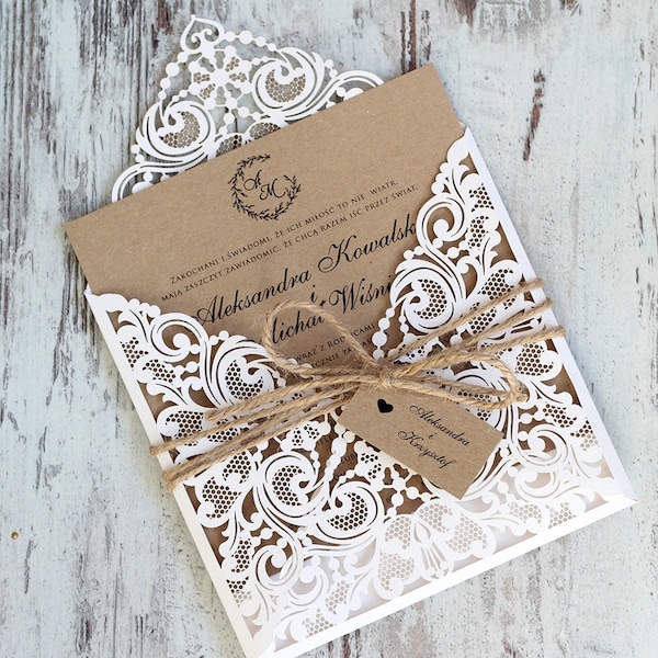 Rustic wedding invitations, event invitations, laser cut invitation,  beautiful invitation with lace