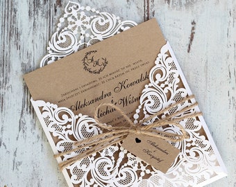 Faire-part de mariage bohème rustique, invitations à des événements, invitation découpée au laser, belle invitation avec dentelle