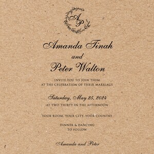 Peut inclure: Une invitation de mariage sur fond de papier brun avec le texte "Amanda Tinah et Peter Walton" et la date "Samedi 25 mai 2024".
