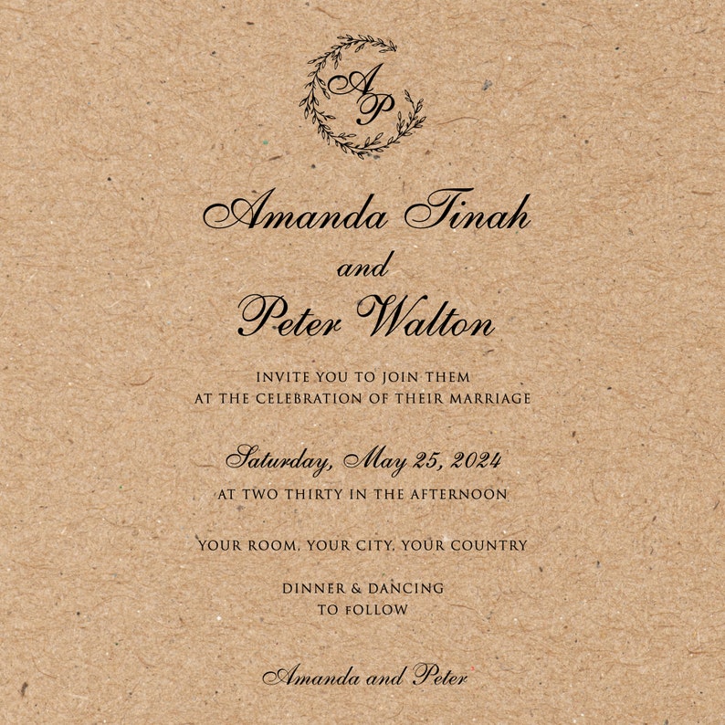 Peut inclure: Une invitation de mariage sur fond de papier brun avec le texte "Amanda Tinah et Peter Walton" et la date "Samedi 25 mai 2024".