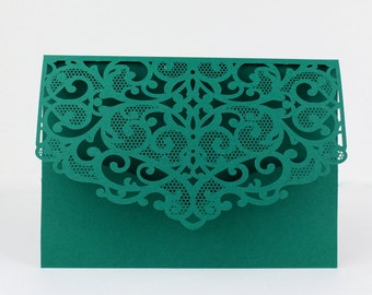 English green laser cut invitation covers - DIY wedding pocket - laser cut envelopes