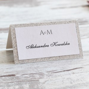 Tarjeta de nombre de boda, tarjeta de lugar, personalizada, brillo plateado