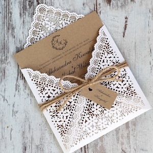 Invito matrimonio boho, inviti matrimonio rustico, inviti evento, invito tascabile tagliato al laser, bellissimo invito con pizzo