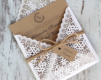 Faire-part de mariage personnalisé, faire-part de mariage rustique, faire-part à un événement, faire-part de poche découpé au laser, belle invitation avec dentelle