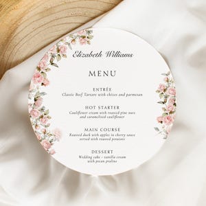 Menu weselne kwiatowe, okrągłe menu weselne z kwiatami i imionami gości