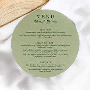 Menu de mariage vert sauge, menu de mariage rond avec le nom de l'invité