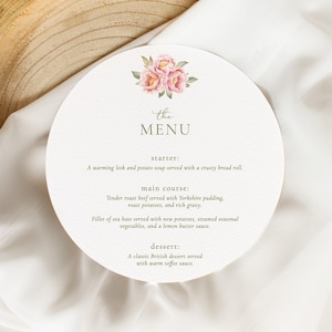 Menu weselne, okrągłe menu weselne z kwiatami
