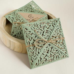 Sage green wedding invitations, Rustic boho invitations, laser cut invitation, beautiful invitation with lace