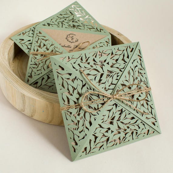 Sage green wedding invitations, Rustic boho invitations, laser cut invitation, beautiful invitation with lace