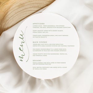 Menu de mariage vert sauge, menu de mariage rond