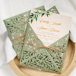 Inviti di nozze verde salvia, inviti di nozze boho, inviti tagliati al laser, bellissimi inviti con pizzo