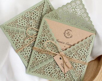 Faire-part unique et original. Faire-part de mariage vert sauge : dentelle découpée au laser, bohème rustique, faire-part de mariage floral