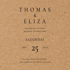 Peut inclure: Une invitation de mariage en papier kraft rustique avec le texte "THOMAS & ELIZA" en police noire. L'invitation annonce leur c&eacute;l&eacute;bration de mariage le samedi 25 mai 2024 au Hilton Chavalier Resort &agrave; Dallas, Texas.