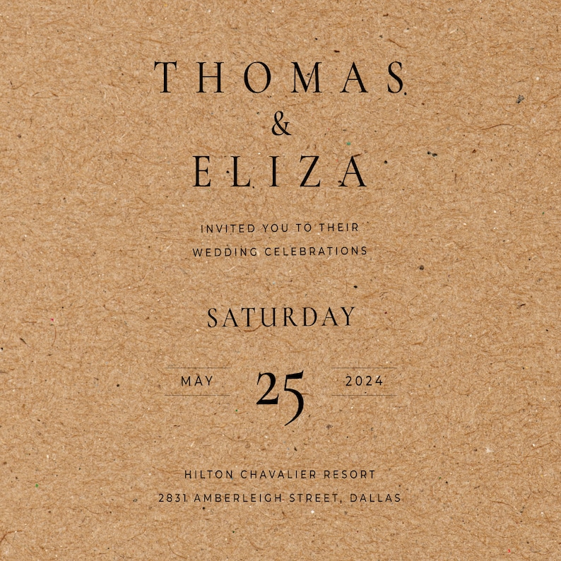 Peut inclure: Une invitation de mariage en papier kraft rustique avec le texte "THOMAS & ELIZA" en police noire. L'invitation annonce leur c&eacute;l&eacute;bration de mariage le samedi 25 mai 2024 au Hilton Chavalier Resort &agrave; Dallas, Texas.