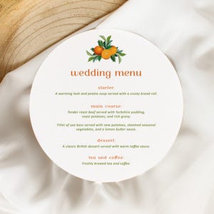Menu weselne, okrągłe menu weselne z pomarańczą
