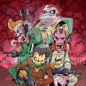 Peut inclure: Un groupe de quatre monstres de dessin animé portant des combinaisons vertes et brunes et tenant des fusils à rayons. Les monstres ont la peau verte, rose et blanche et se tiennent sur un fond rouge et brun.