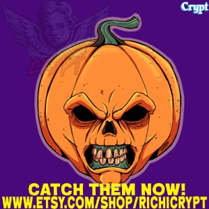 May include: An orange pumpkin with a menacing skull face, green teeth, and a green stem. The image has the text "CATCH THEM NOW!" and a website address on a purple background. A ghostly angel is in the background.