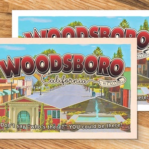 Woodsboro Postkarte - SCREAM Ghostface Hello Sidney Prescott Woodsboro Kalifornien Sammlerstück Horrorfilm Liebhaber Geschenk Lesezeichen Kunstdruck