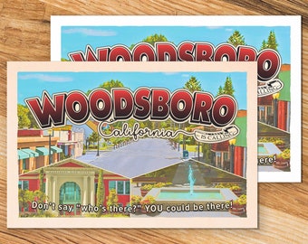 Woodsboro Postcard - SCREAM Ghostface Hello Sidney Prescott Woodsboro California collectible horror movie lover gift bookmark art print