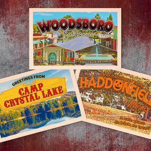 3 Postkarten: Halloween 1978 Haddonfield; Freitag der 13. Camp Crystal Lake; Screme Woodsboro Michael Myers Jason Voorhees Geistergesicht