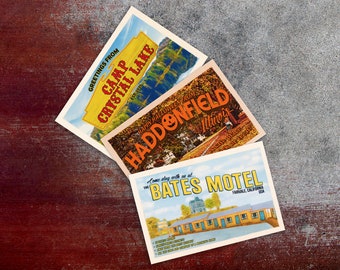 Classic Horror Postcard Triple Feature - Bates Motel / Halloween Haddonfield / Camp Crystal Lake  Norman Bates Michael Meyers Jason Voorhees