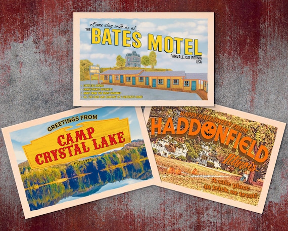 3 Postcards: Haddonfield Halloween 1978; Camp Crystal Lake Friday the 13th; Bates Motel Psycho Michael Myers Jason Voorhees John Carpenter