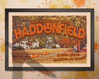 8x12 Haddonfield Postcard Art Print - HALLOWEEN Michael Myers Laurie Strode Haddonfield Illinois collectible horror movie lover gift