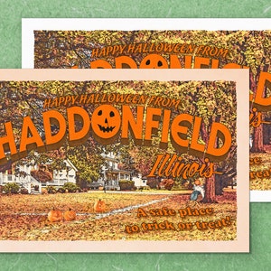 Haddonfield Postcard - HALLOWEEN Michael Myers Laurie Strode Haddonfield Illinois collectible horror movie lover gift bookmark art print