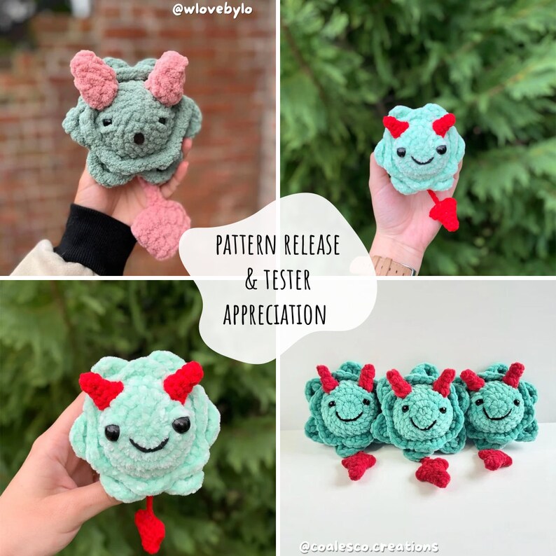 May include: A collage of four images featuring a crocheted green and red plush toy with horns. The toy has a smiling face and a tail. The text "PATTERN RELEASE & TESTER APPRECIATION" is displayed in the center of the collage. The text "@wlovebylo" is displayed in the top left corner of the collage. The text "@coalescocreations" is displayed in the bottom right corner of the collage.