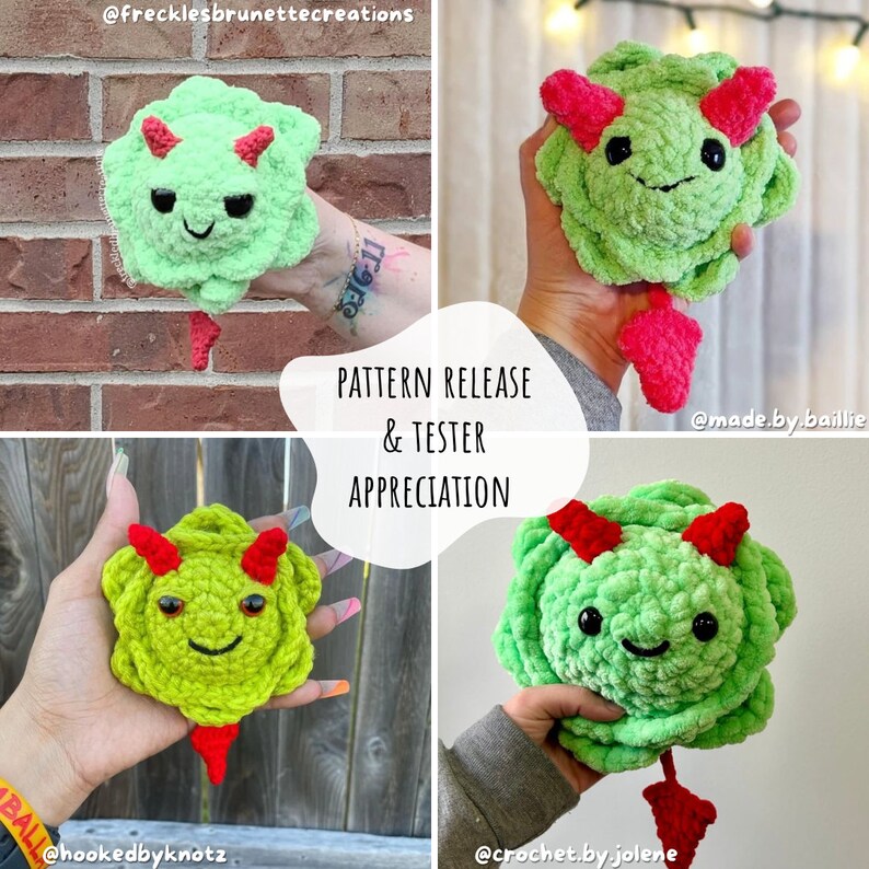 May include: Four crocheted green and red plush toys shaped like a monster with horns and a tail. The toys are held in the hands of four different people. The text "PATTERN RELEASE & TESTER APPRECIATION" is in the center of the image.