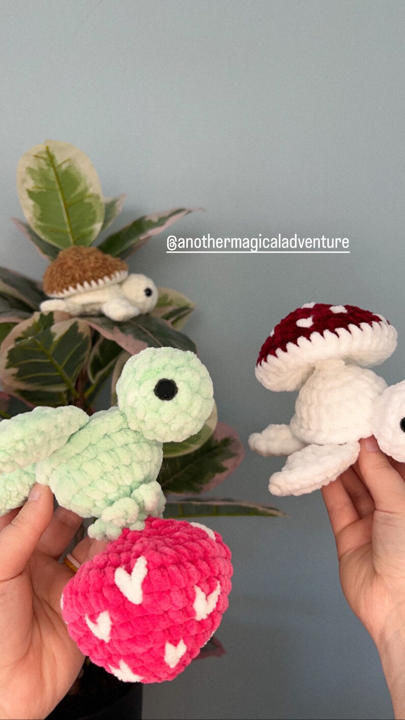 May include: Three crocheted stuffed toys: a green turtle with a pink heart, a white turtle with a red and white mushroom cap, and a brown turtle with a white shell. The toys are on a green plant and a hand is holding the green turtle.