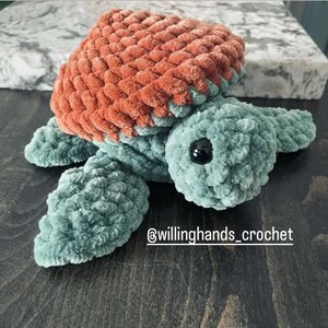 May include: A crocheted sea turtle toy with a teal green body and a coral orange shell. The turtle has black eyes and a textured, fuzzy surface.