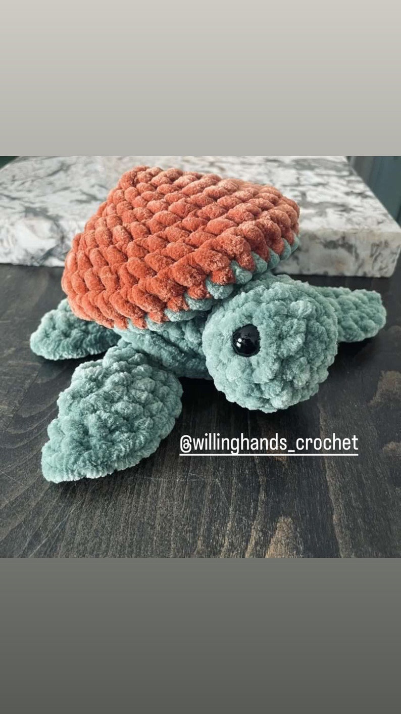 May include: A crocheted sea turtle toy with a teal green body and a coral orange shell. The turtle has black eyes and a textured, fuzzy surface.