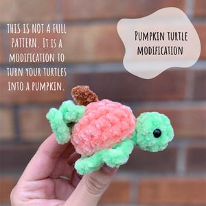 May include: A green and orange yarn-wrapped turtle with a brown stem on top, resembling a pumpkin. The text "PUMPKIN TURTLE MODIFICATION" is in a white speech bubble above the turtle.