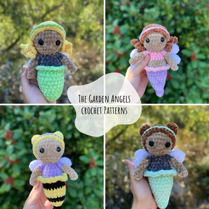 May include: Four crocheted garden angel dolls with different colored wings and outfits. The dolls are holding a sign that says "The Garden Angels Crochet Patterns".