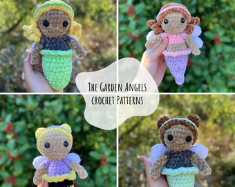 May include: Four crocheted garden angel dolls with different colored wings and outfits. The dolls are holding a sign that says "The Garden Angels Crochet Patterns".