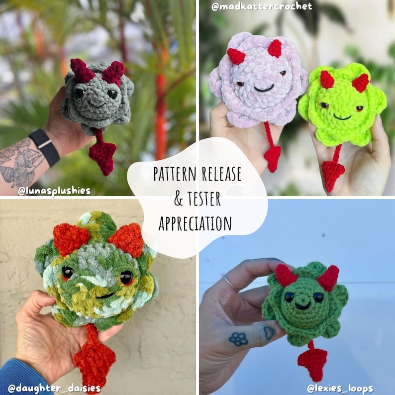 May include: Four crocheted amigurumi toys in the shape of a green leafy vegetable with a red devil tail. The toys are in different colors: green, light green, gray, and purple. The text "PATTERN RELEASE & TESTER APPRECIATION" is in the center of the image.