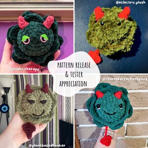 May include: Four crocheted green and red plush toys with devil horns and tails. The toys are held in hands and the background is a collage of different surfaces. The text "PATTERN RELEASE & TESTER APPRECIATION" is in the center of the image.