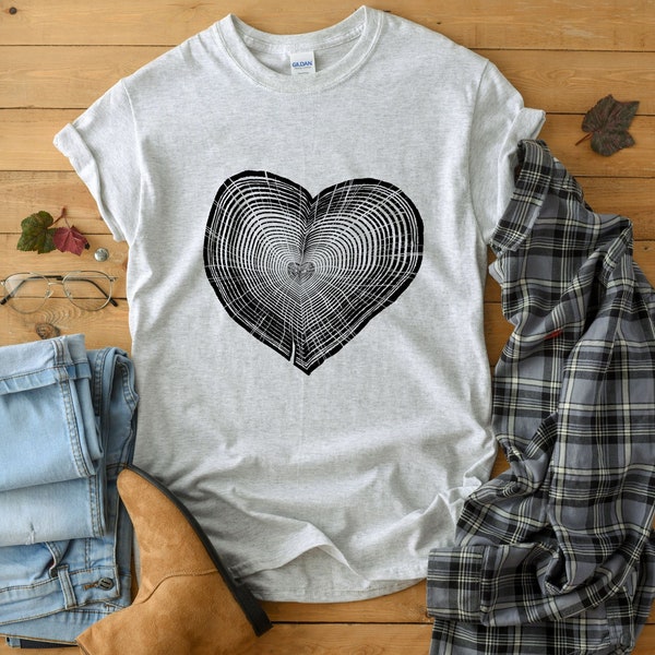 Tree Trunk Heart Shirt, Forest Nature T Shirt, Camping Shirt, Mountains, Wanderlust Shirt, Nature Clothing, Hiking Shirt, Nature Lover Shirt