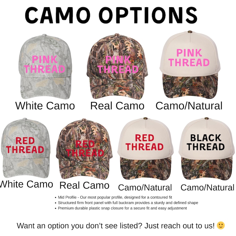 a collection of camo-patterned baseball caps in various colors, including white, pink, black, and natural.