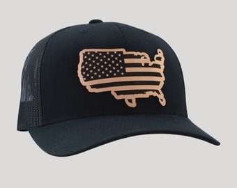 US Flag Hat, American Flag Trucker Cap, United States Snapback Hat, Leather Patch, Patriotic Hat, Hats for Men, Mens Hats, Gift for Men Dad