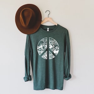 Peace Sign Long Sleeve T Shirt, Long Sleeve Tops, Nature, Women's Long Sleeve T Shirt, Hippie Shirt, Womens Tops, Boho Tops, Hiking Mountain