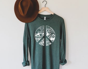 Peace Sign Long Sleeve T Shirt, Long Sleeve Tops, Nature, Women's Long Sleeve T Shirt, Hippie Shirt, Womens Tops, Boho Tops, Hiking Mountain